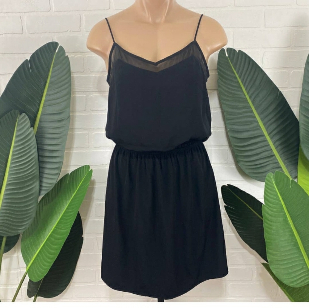 🛍Express Little black Sexy dress mesh trim, drapey front, Skinny straps M